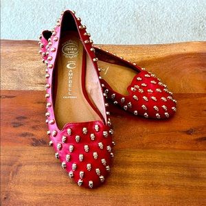 Jeffrey Campbell Red Studded Skulls Skulltini Leather Flats
